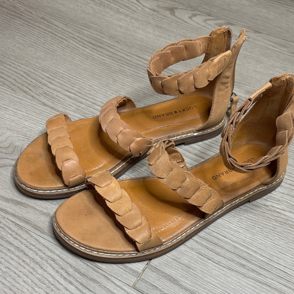 Lucky Brand Braided Tan Ankle-Strap Flat Sandals